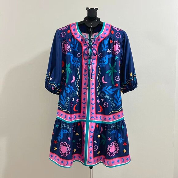 $398 NWOT Johnny Was Silk Blend Floral Mini Dress Size S Lace-up Stars Moon - Picture 2 of 13